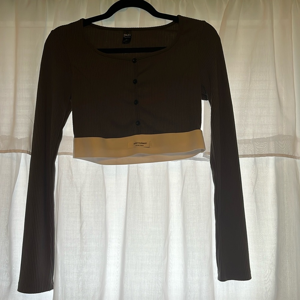Dazy Petite Long Sleeve Gray Crop Top